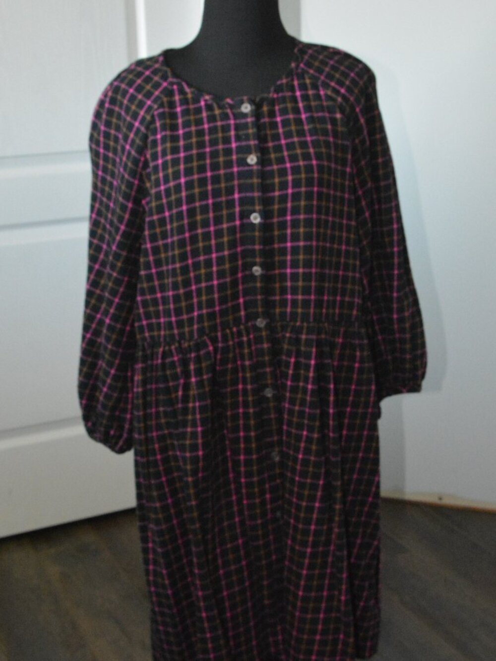 Madewell Plaid Flannel Raylan Shirt Dress Black and Fuchsia Pink size 8